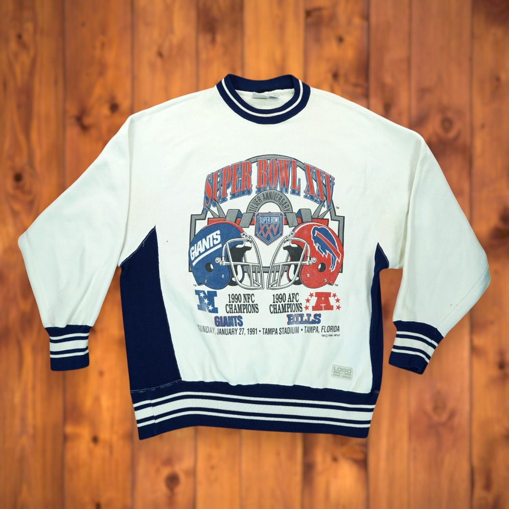 Vintage 90s NEW YORK GIANTS BUFFALO BILLS SILVER SUPER BOWL XXV SWEATSHIRT NFL L